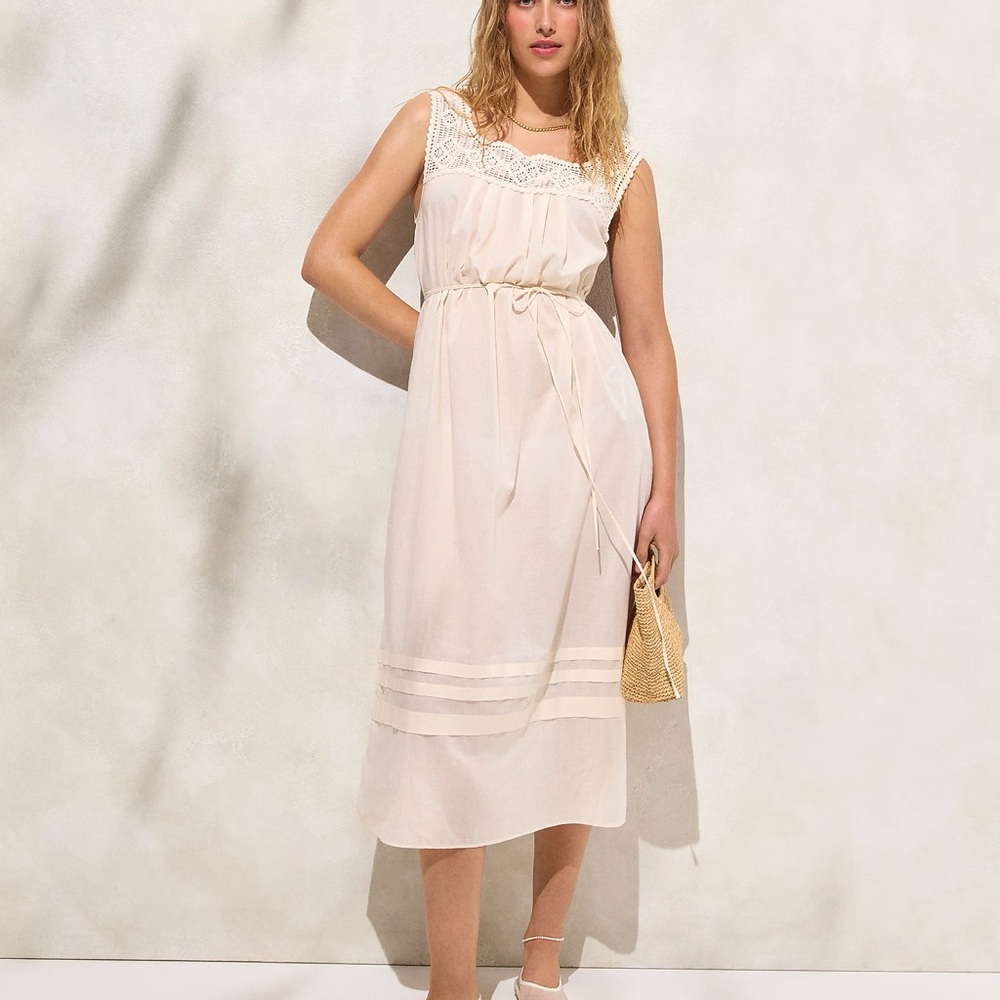 J. Crew Cream Midi Dress with Lace Detail
